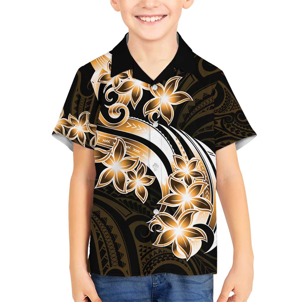 Plumeria Tribal Tattoo Family Matching Off Shoulder Maxi Dress and Hawaiian Shirt Gold Polynesian Pattern