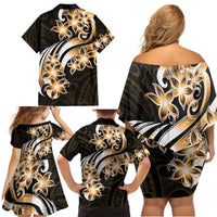 Plumeria Tribal Tattoo Family Matching Off Shoulder Short Dress and Hawaiian Shirt Gold Polynesian Pattern