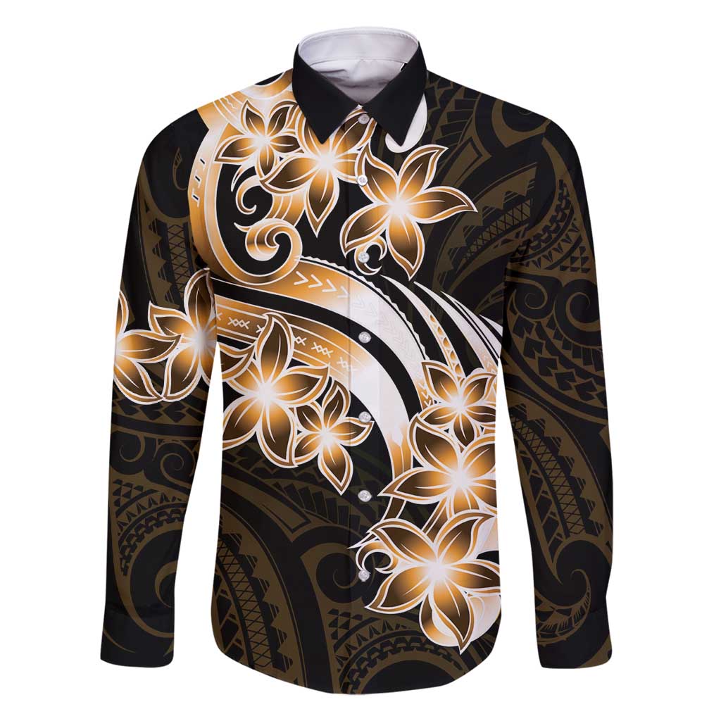 Plumeria Tribal Tattoo Family Matching Tank Maxi Dress and Hawaiian Shirt Gold Polynesian Pattern LT9 Dad's Shirt - Long Sleeve Gold - Polynesian Pride