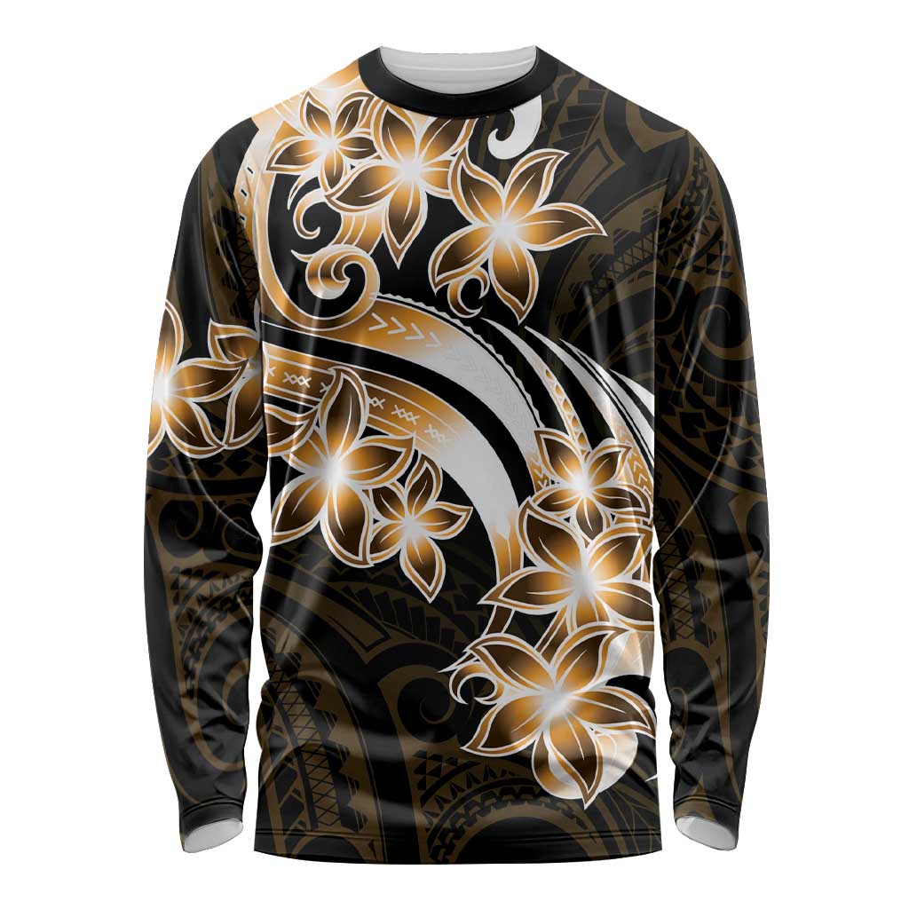 Plumeria Tribal Tattoo Long Sleeve Shirt Gold Polynesian Pattern LT9 Unisex Gold - Polynesian Pride