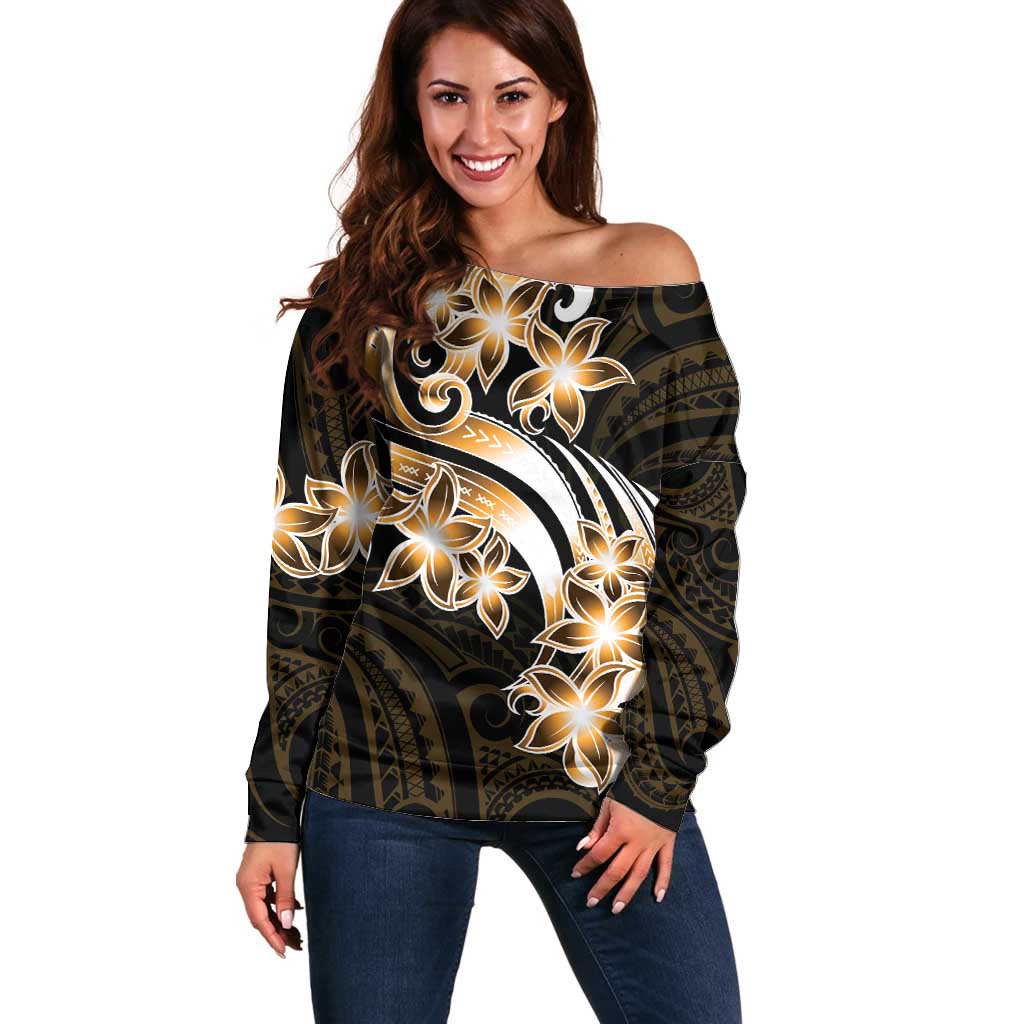 Plumeria Tribal Tattoo Off Shoulder Sweater Gold Polynesian Pattern LT9 Women Gold - Polynesian Pride