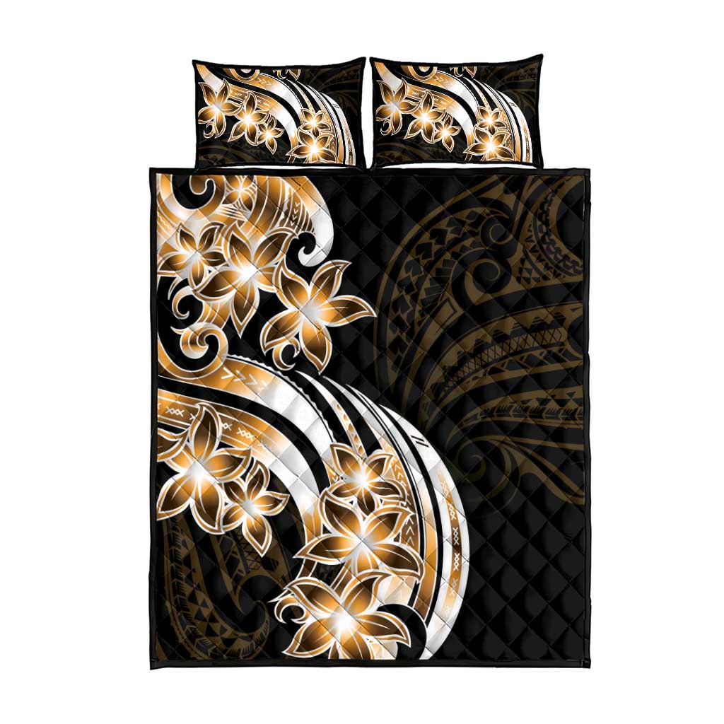 Plumeria Tribal Tattoo Quilt Bed Set Gold Polynesian Pattern