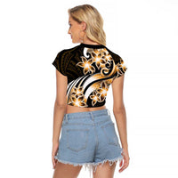 Plumeria Tribal Tattoo Raglan Cropped T Shirt Gold Polynesian Pattern