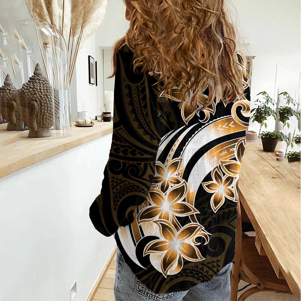 Plumeria Tribal Tattoo Women Casual Shirt Gold Polynesian Pattern LT9 - Polynesian Pride
