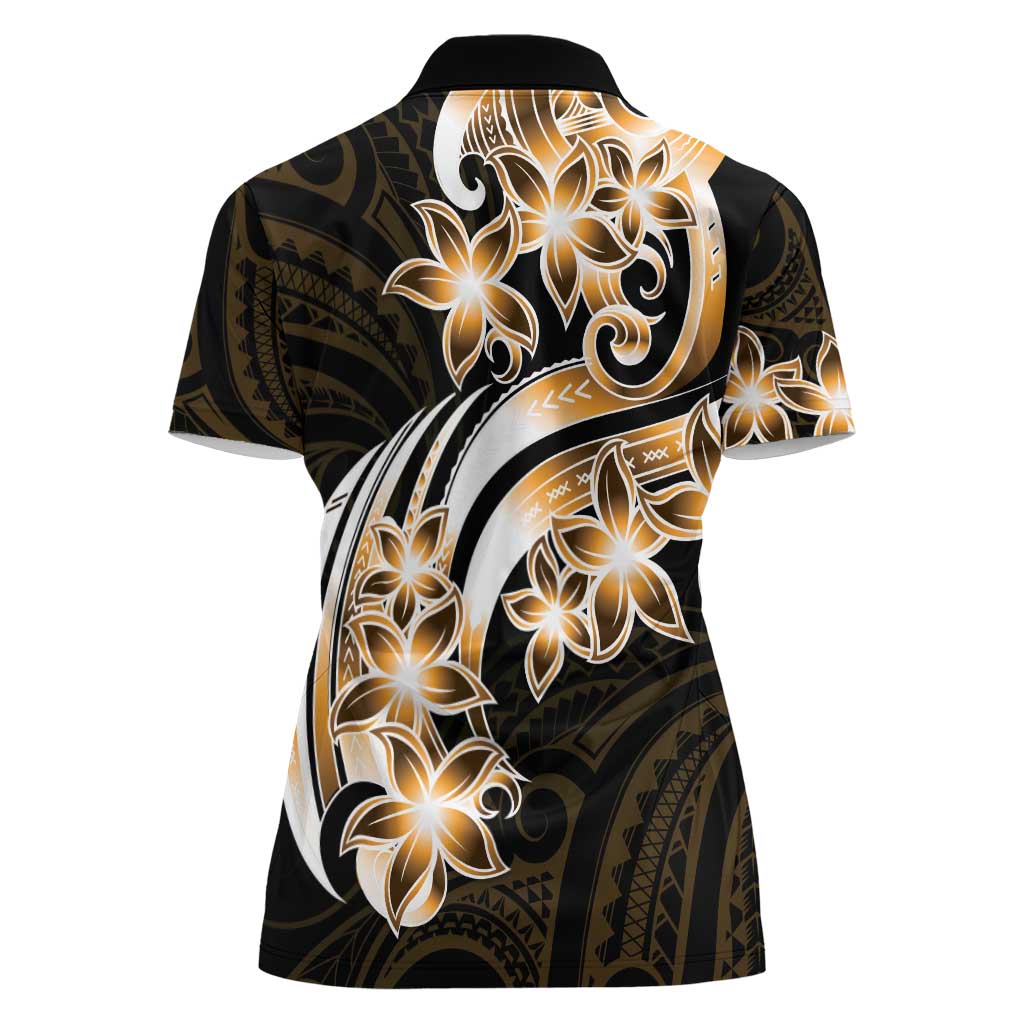 Plumeria Tribal Tattoo Women Polo Shirt Gold Polynesian Pattern