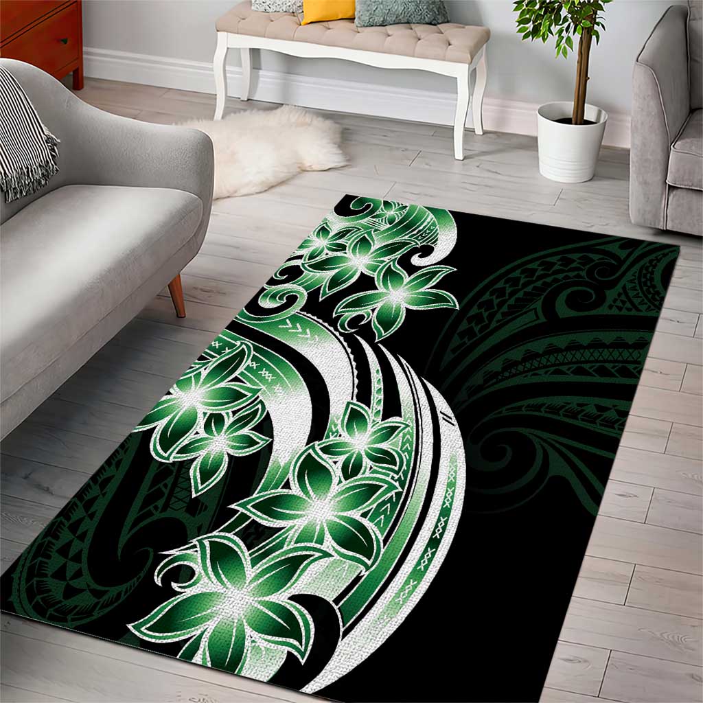 Plumeria Tribal Tattoo Area Rug Green Polynesian Pattern