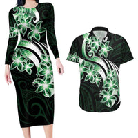 Plumeria Tribal Tattoo Couples Matching Long Sleeve Bodycon Dress and Hawaiian Shirt Green Polynesian Pattern