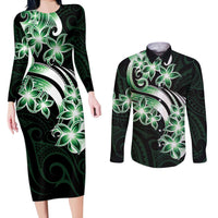 Plumeria Tribal Tattoo Couples Matching Long Sleeve Bodycon Dress and Long Sleeve Button Shirt Green Polynesian Pattern