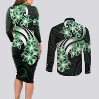 Plumeria Tribal Tattoo Couples Matching Long Sleeve Bodycon Dress and Long Sleeve Button Shirt Green Polynesian Pattern