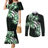 Plumeria Tribal Tattoo Couples Matching Mermaid Dress and Long Sleeve Button Shirt Green Polynesian Pattern
