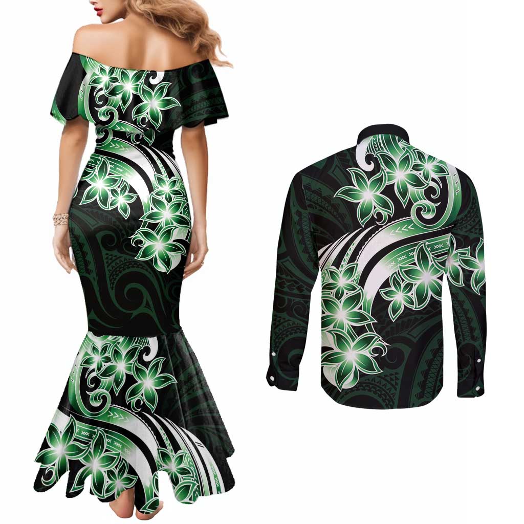 Plumeria Tribal Tattoo Couples Matching Mermaid Dress and Long Sleeve Button Shirt Green Polynesian Pattern