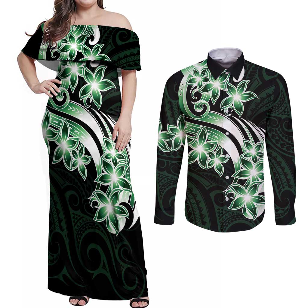 Plumeria Tribal Tattoo Couples Matching Off Shoulder Maxi Dress and Long Sleeve Button Shirt Green Polynesian Pattern