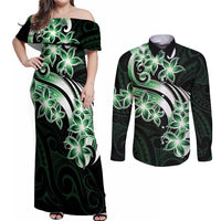Plumeria Tribal Tattoo Couples Matching Off Shoulder Maxi Dress and Long Sleeve Button Shirt Green Polynesian Pattern