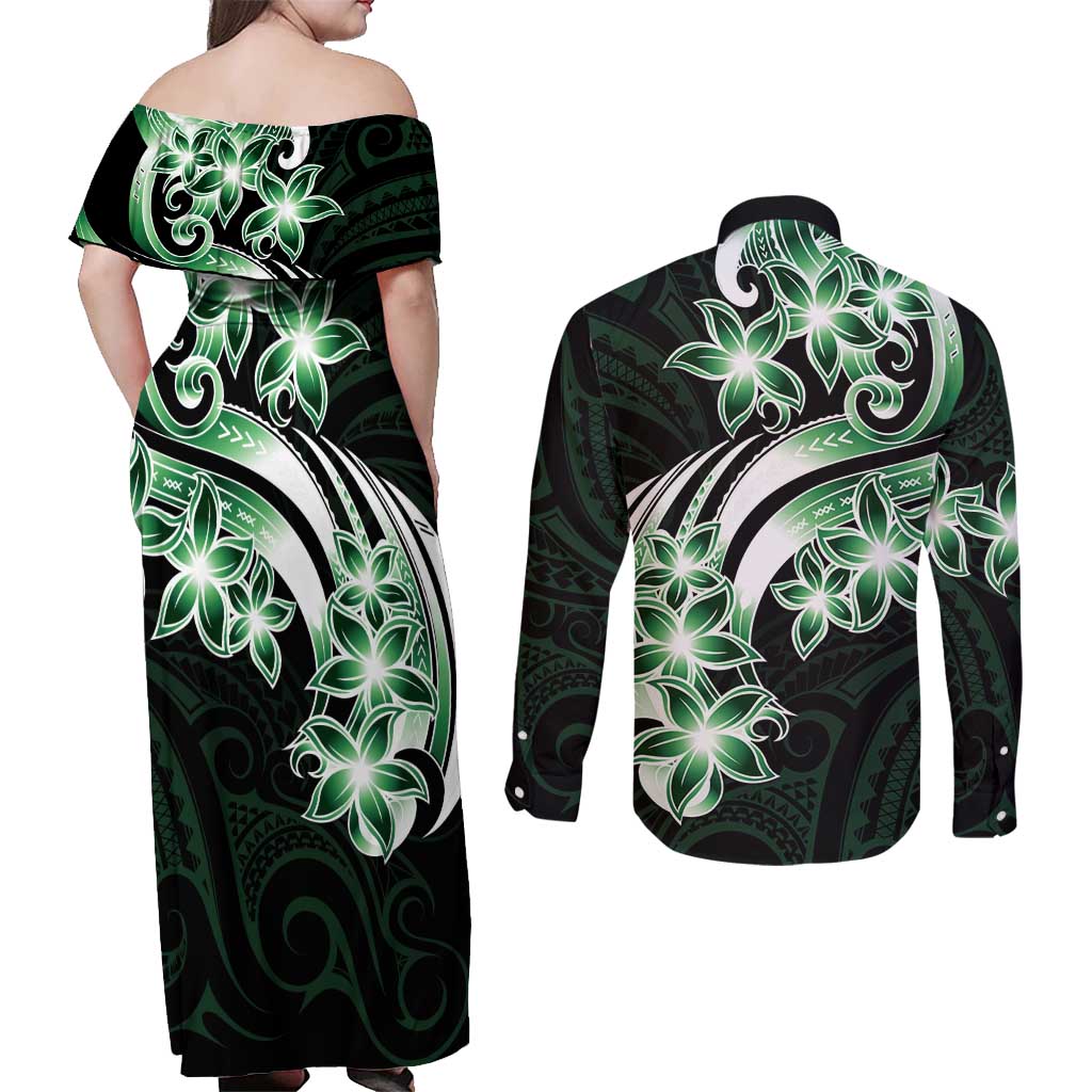 Plumeria Tribal Tattoo Couples Matching Off Shoulder Maxi Dress and Long Sleeve Button Shirt Green Polynesian Pattern