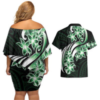 Plumeria Tribal Tattoo Couples Matching Off Shoulder Short Dress and Hawaiian Shirt Green Polynesian Pattern