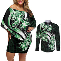 Plumeria Tribal Tattoo Couples Matching Off Shoulder Short Dress and Long Sleeve Button Shirt Green Polynesian Pattern