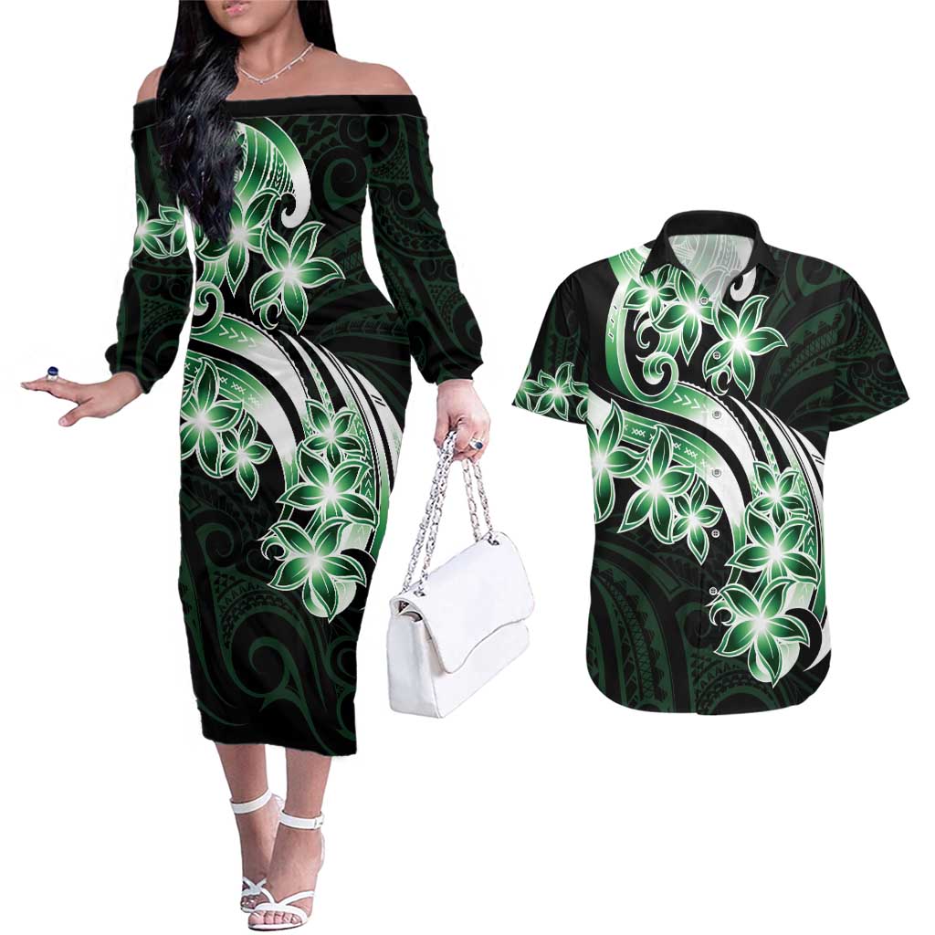 Plumeria Tribal Tattoo Couples Matching Off The Shoulder Long Sleeve Dress and Hawaiian Shirt Green Polynesian Pattern