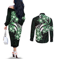 Plumeria Tribal Tattoo Couples Matching Off The Shoulder Long Sleeve Dress and Long Sleeve Button Shirt Green Polynesian Pattern