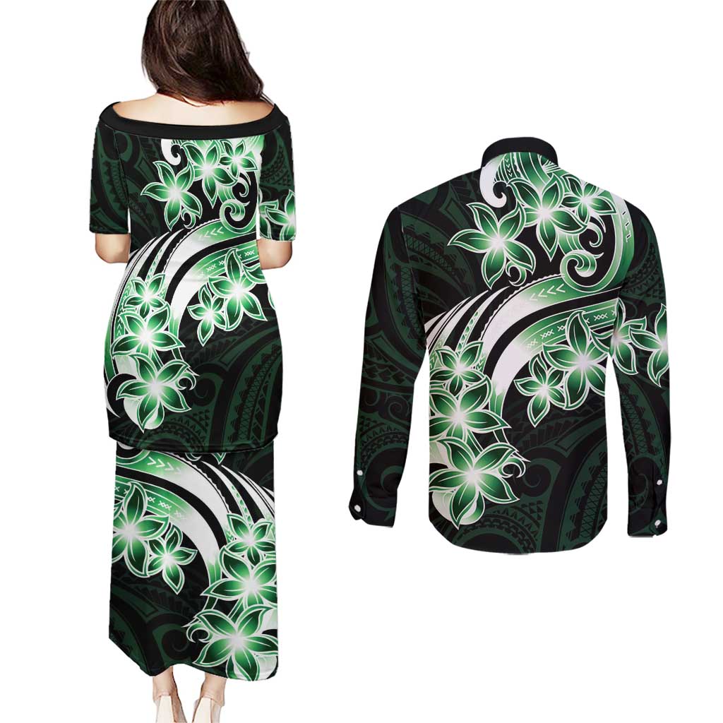 Plumeria Tribal Tattoo Couples Matching Puletasi and Long Sleeve Button Shirt Green Polynesian Pattern