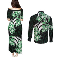 Plumeria Tribal Tattoo Couples Matching Puletasi and Long Sleeve Button Shirt Green Polynesian Pattern