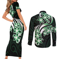 Plumeria Tribal Tattoo Couples Matching Short Sleeve Bodycon Dress and Long Sleeve Button Shirt Green Polynesian Pattern