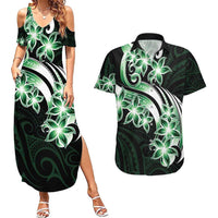 Plumeria Tribal Tattoo Couples Matching Summer Maxi Dress and Hawaiian Shirt Green Polynesian Pattern