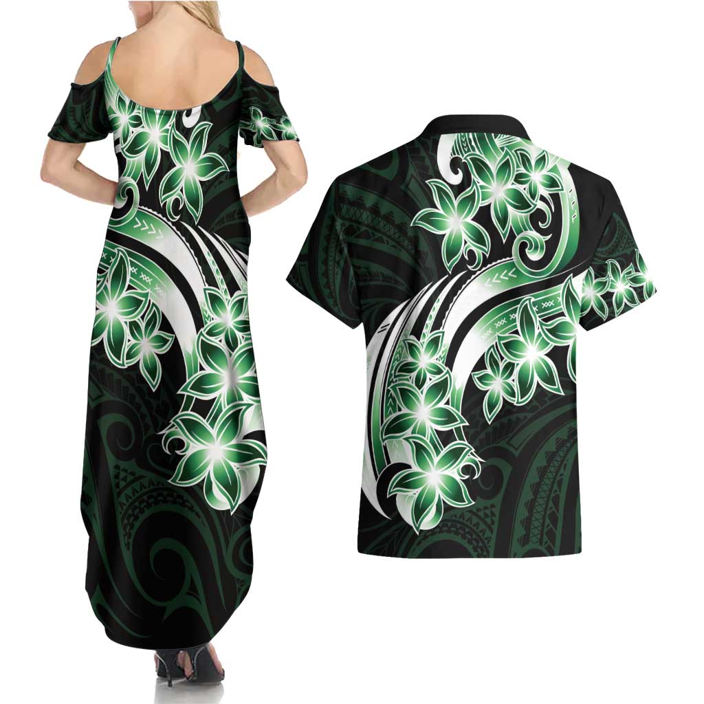 Plumeria Tribal Tattoo Couples Matching Summer Maxi Dress and Hawaiian Shirt Green Polynesian Pattern