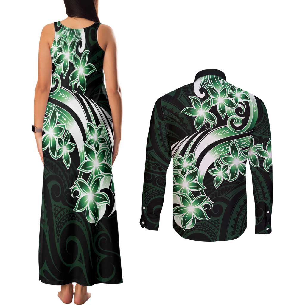 Plumeria Tribal Tattoo Couples Matching Tank Maxi Dress and Long Sleeve Button Shirt Green Polynesian Pattern