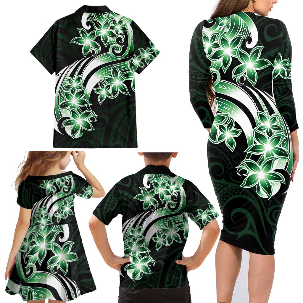 Plumeria Tribal Tattoo Family Matching Long Sleeve Bodycon Dress and Hawaiian Shirt Green Polynesian Pattern