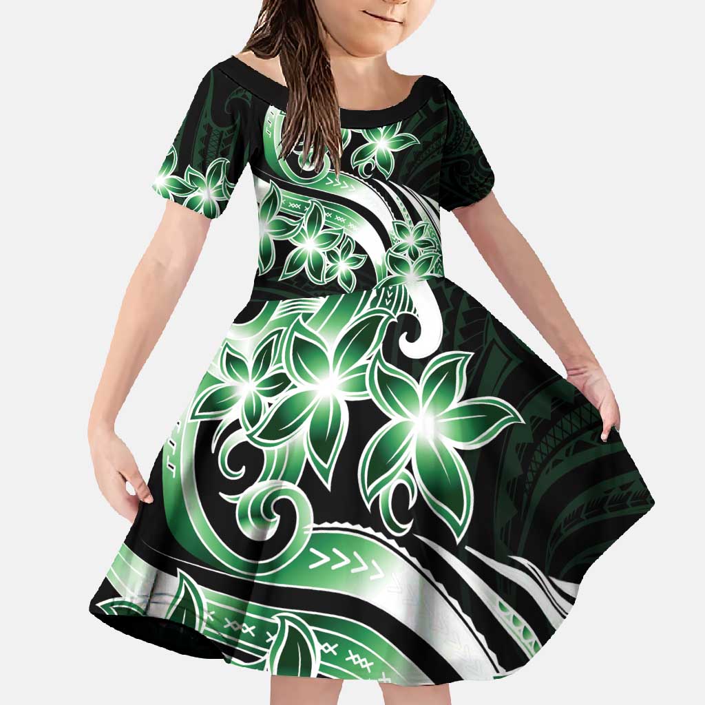 Plumeria Tribal Tattoo Family Matching Mermaid Dress and Hawaiian Shirt Green Polynesian Pattern LT9 Daughter's Dress Green - Polynesian Pride