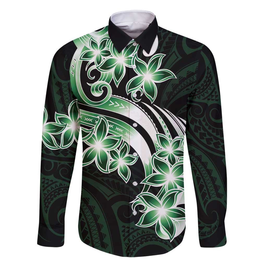 Plumeria Tribal Tattoo Family Matching Mermaid Dress and Hawaiian Shirt Green Polynesian Pattern LT9 Dad's Shirt - Long Sleeve Green - Polynesian Pride