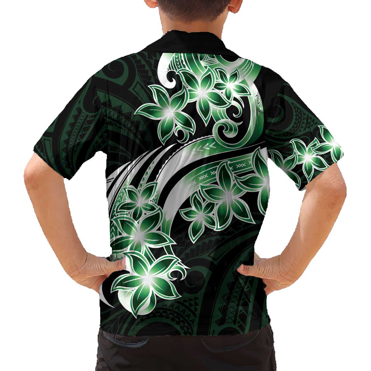 Plumeria Tribal Tattoo Family Matching Off The Shoulder Long Sleeve Dress and Hawaiian Shirt Green Polynesian Pattern LT9 - Polynesian Pride