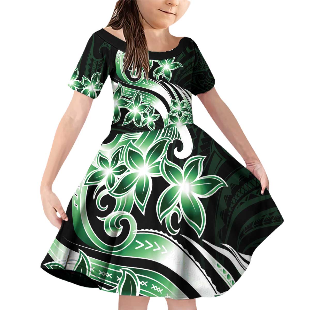 Plumeria Tribal Tattoo Family Matching Off Shoulder Short Dress and Hawaiian Shirt Green Polynesian Pattern