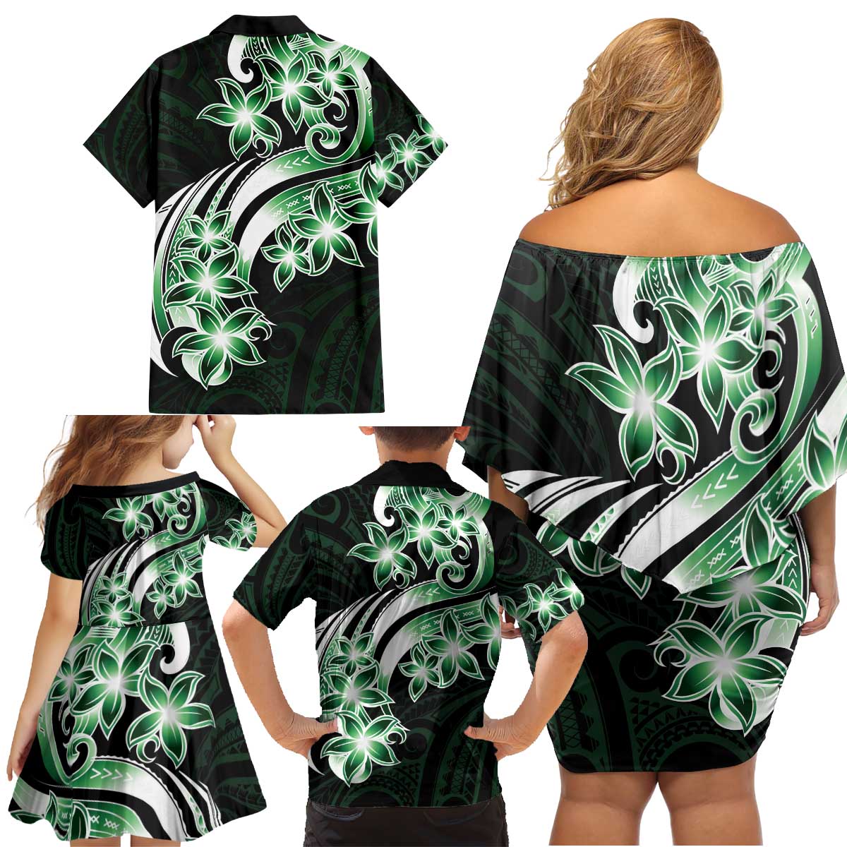 Plumeria Tribal Tattoo Family Matching Off Shoulder Short Dress and Hawaiian Shirt Green Polynesian Pattern