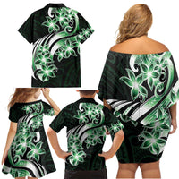 Plumeria Tribal Tattoo Family Matching Off Shoulder Short Dress and Hawaiian Shirt Green Polynesian Pattern
