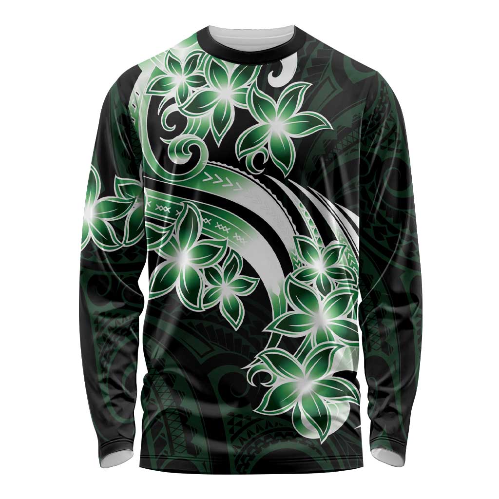 Plumeria Tribal Tattoo Long Sleeve Shirt Green Polynesian Pattern LT9 Unisex Green - Polynesian Pride
