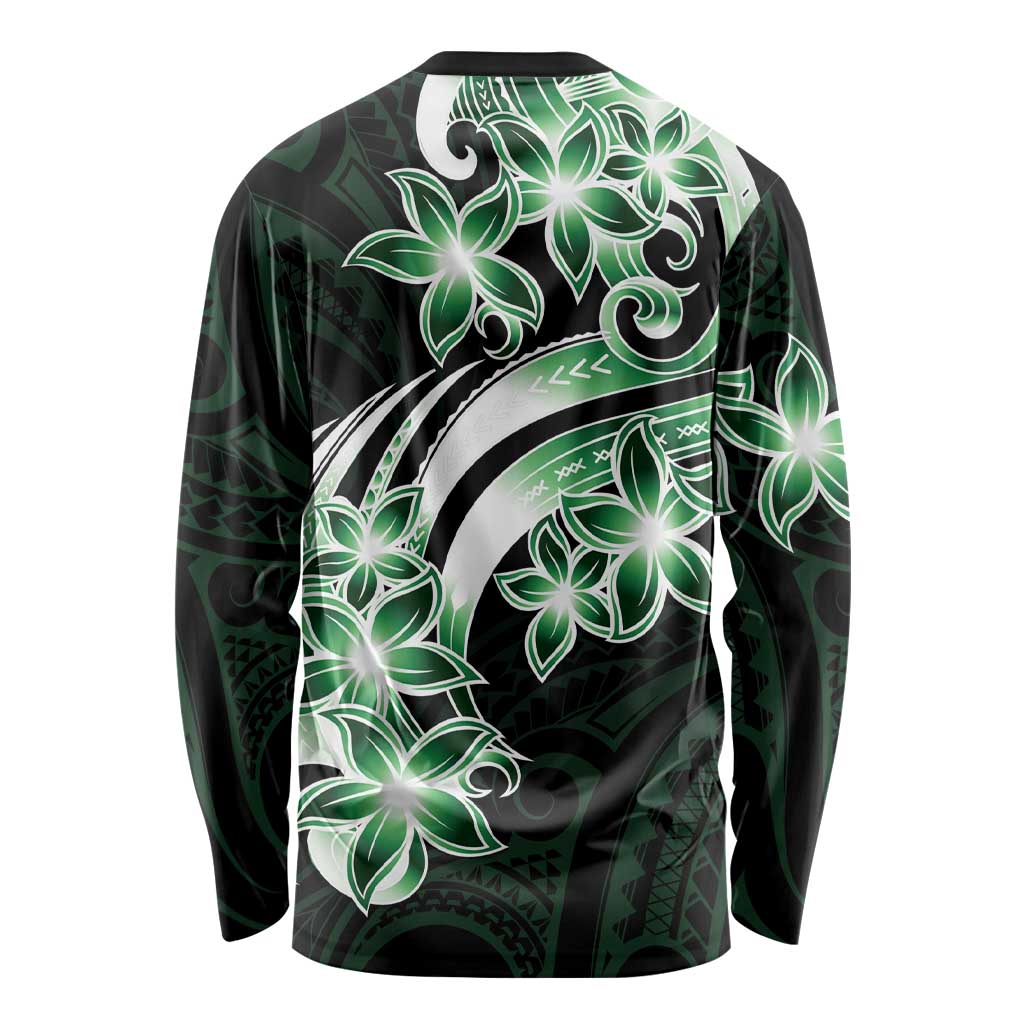Plumeria Tribal Tattoo Long Sleeve Shirt Green Polynesian Pattern LT9 - Polynesian Pride