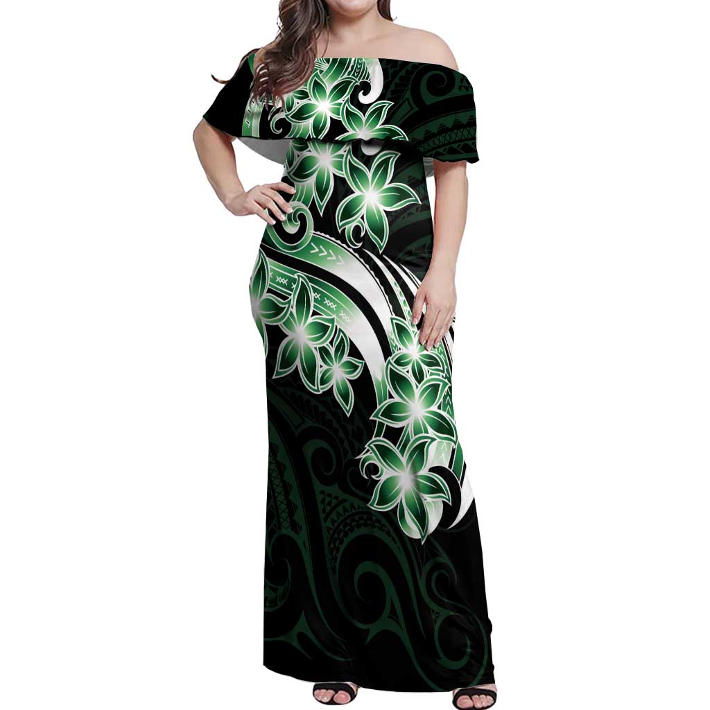 Plumeria Tribal Tattoo Off Shoulder Maxi Dress Green Polynesian Pattern LT9 Women Green - Polynesian Pride