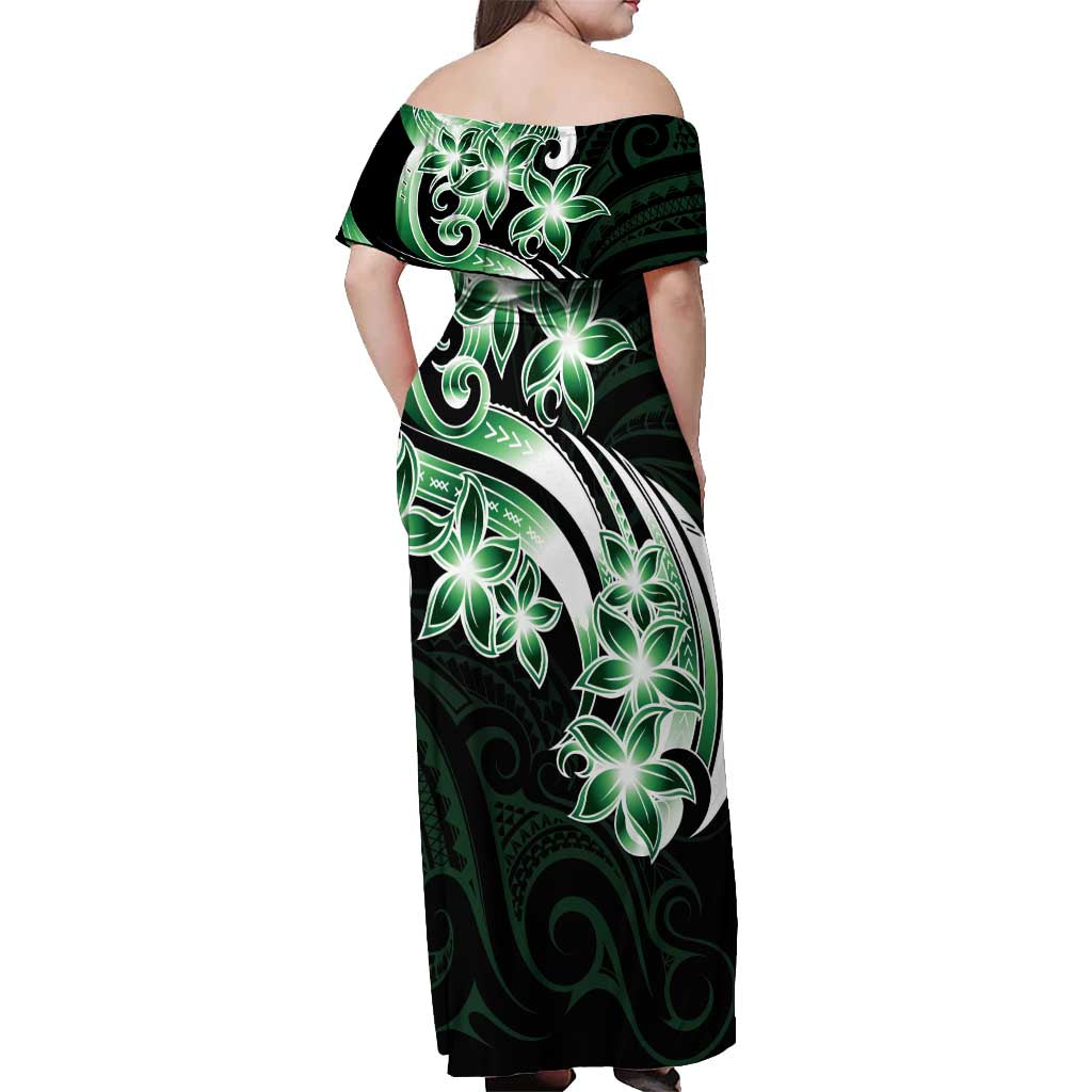 Plumeria Tribal Tattoo Off Shoulder Maxi Dress Green Polynesian Pattern LT9 - Polynesian Pride