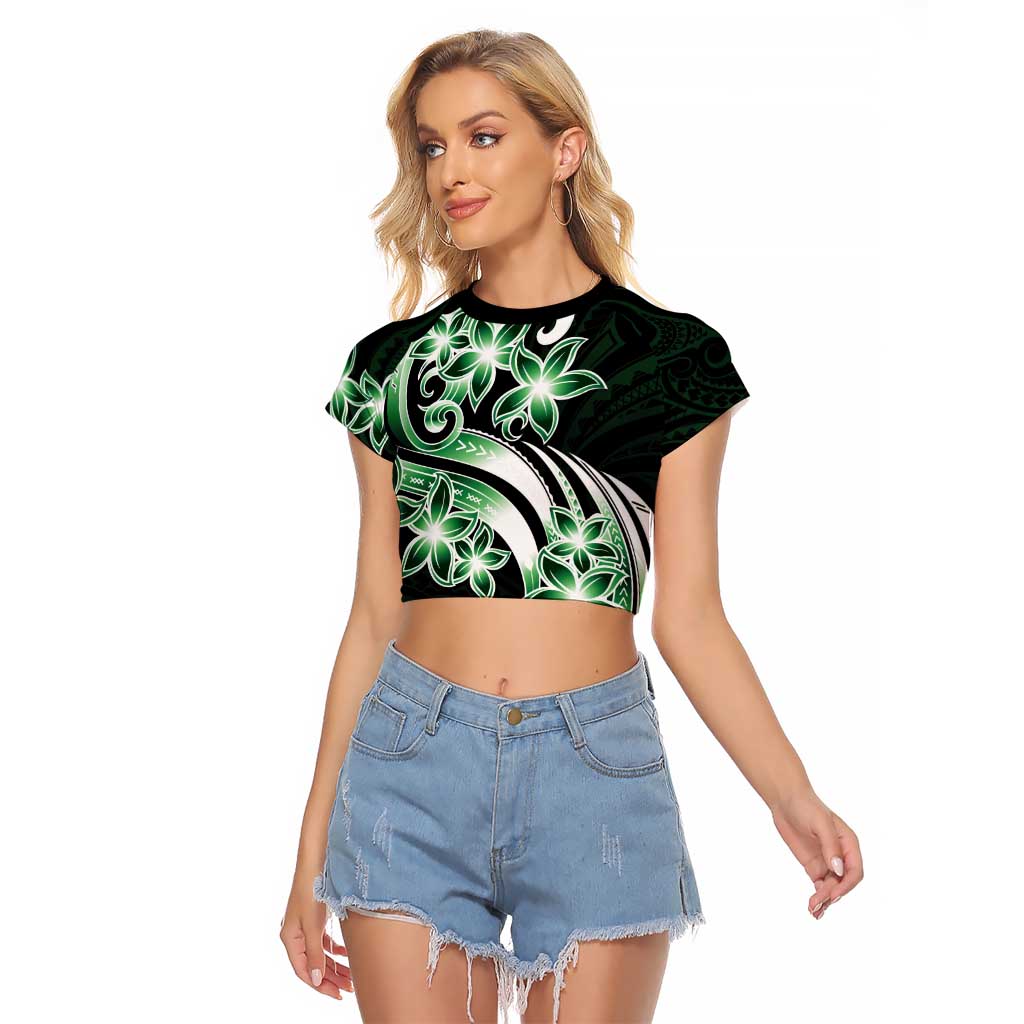 Plumeria Tribal Tattoo Raglan Cropped T Shirt Green Polynesian Pattern LT9 Female Green - Polynesian Pride