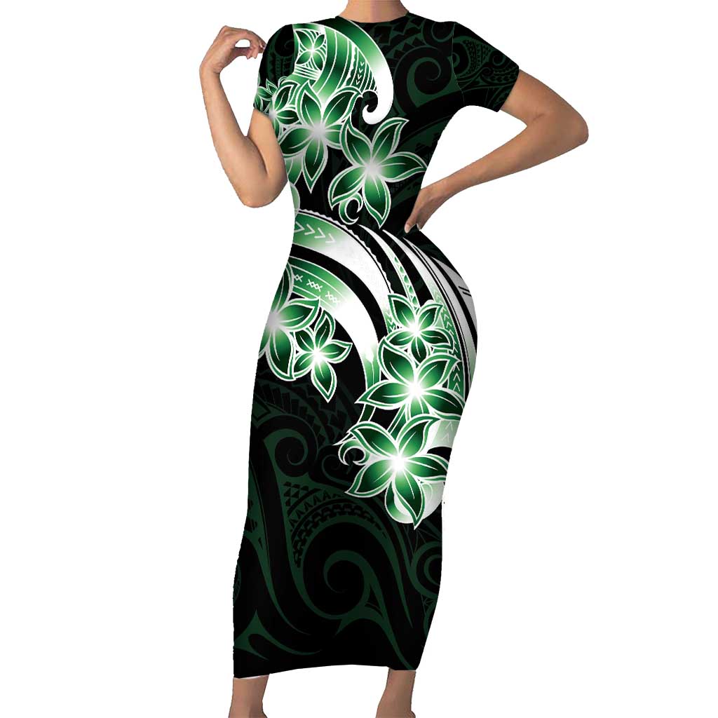 Plumeria Tribal Tattoo Short Sleeve Bodycon Dress Green Polynesian Pattern LT9 Long Dress Green - Polynesian Pride