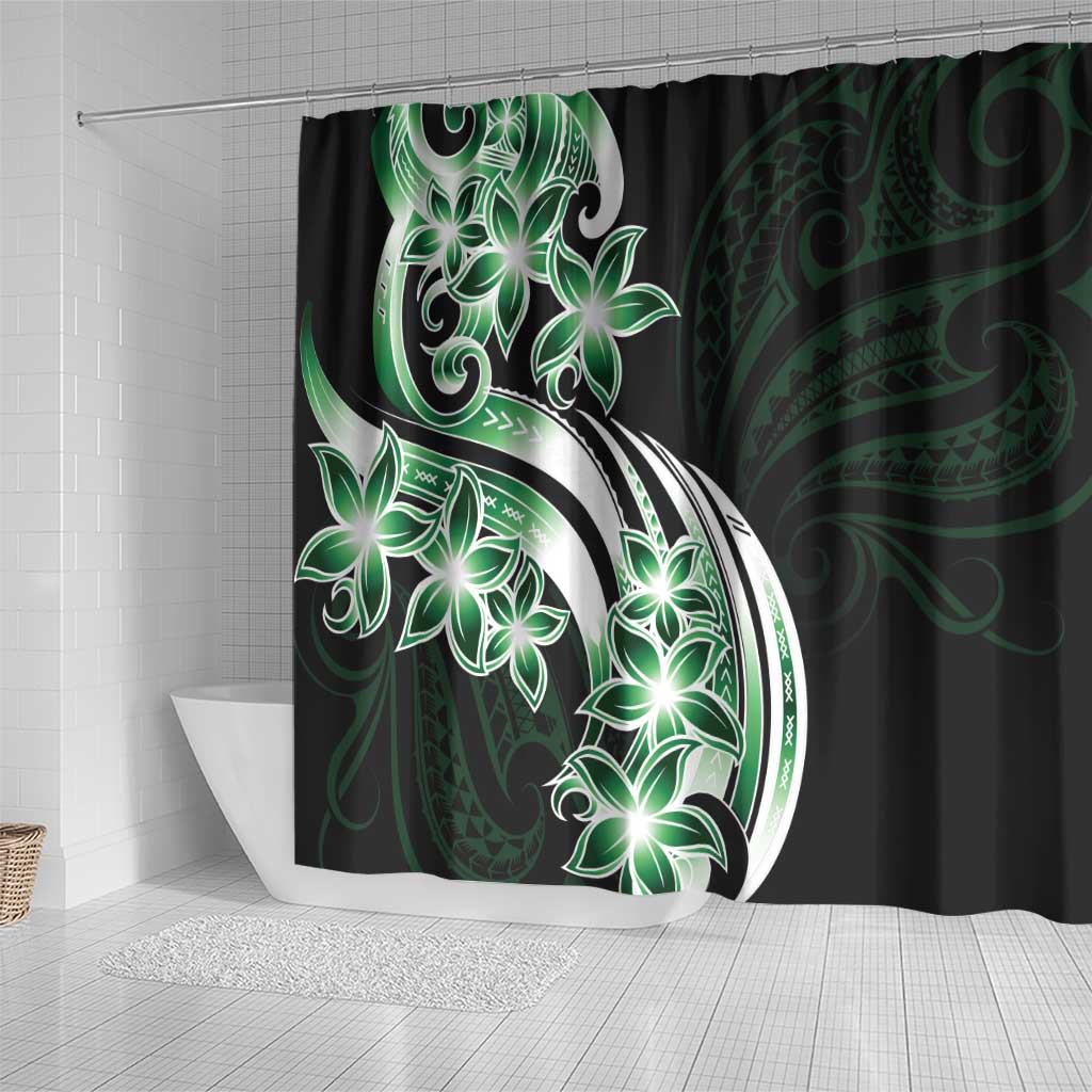 Plumeria Tribal Tattoo Shower Curtain Green Polynesian Pattern