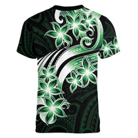Plumeria Tribal Tattoo Women V-Neck T-Shirt Green Polynesian Pattern