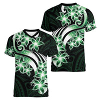 Plumeria Tribal Tattoo Women V-Neck T-Shirt Green Polynesian Pattern