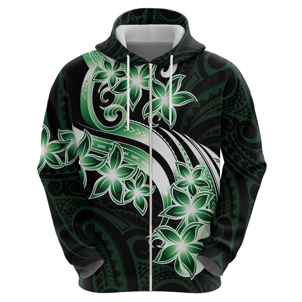 Plumeria Tribal Tattoo Zip Hoodie Green Polynesian Pattern LT9 - Polynesian Pride