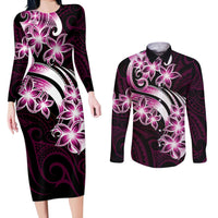 Plumeria Tribal Tattoo Couples Matching Long Sleeve Bodycon Dress and Long Sleeve Button Shirt Pink Polynesian Pattern