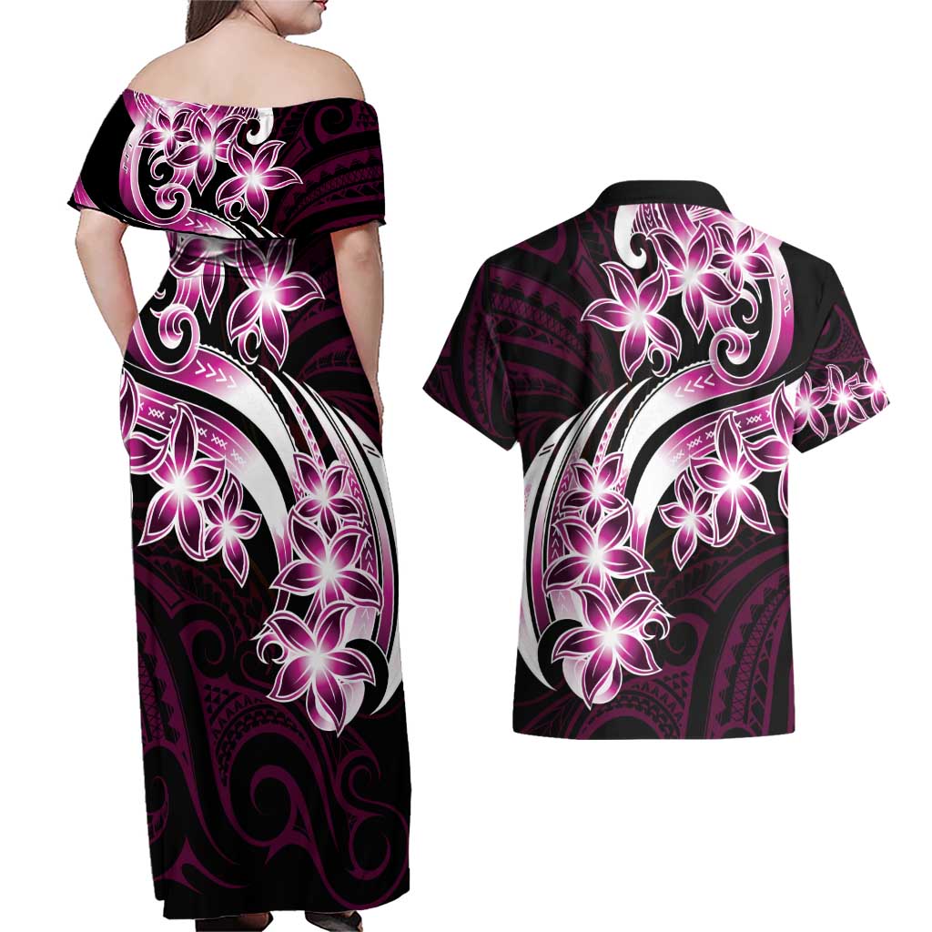 Plumeria Tribal Tattoo Couples Matching Off Shoulder Maxi Dress and Hawaiian Shirt Pink Polynesian Pattern