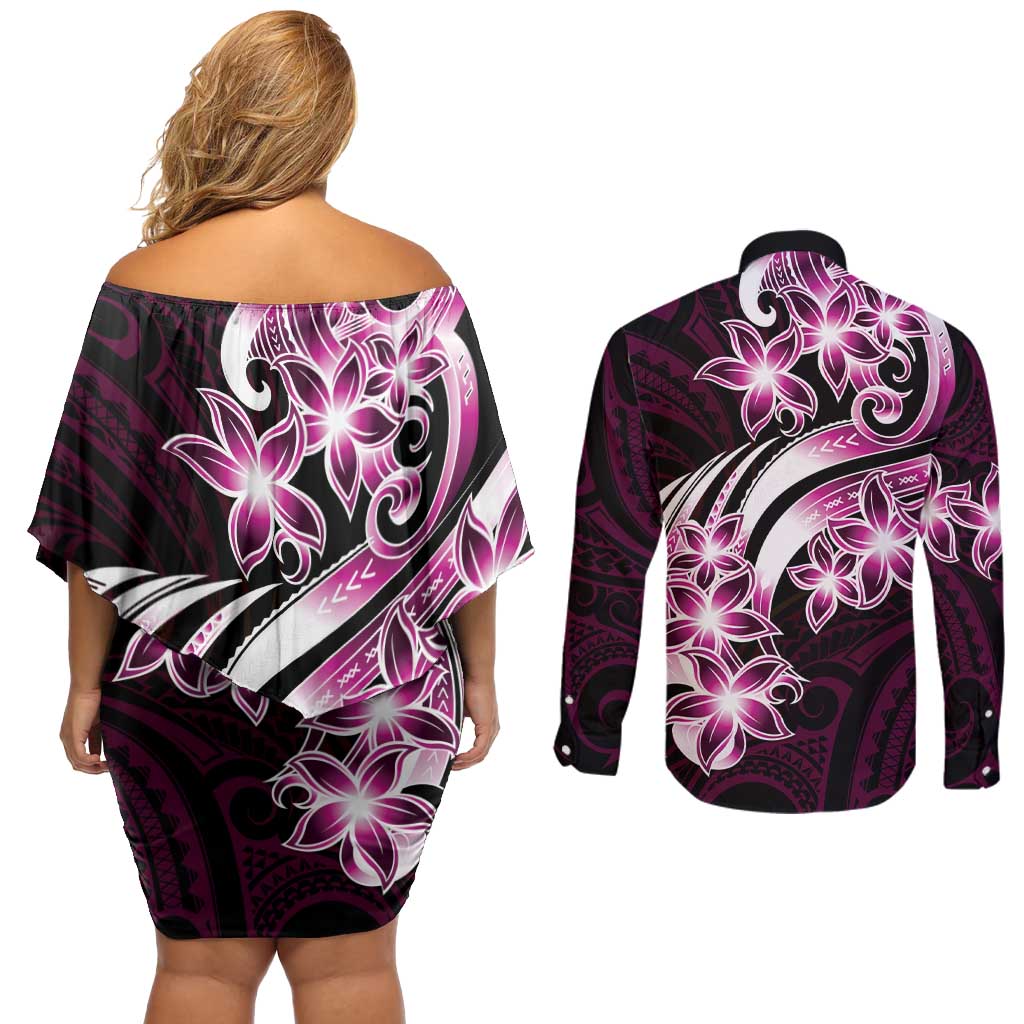 Plumeria Tribal Tattoo Couples Matching Off Shoulder Short Dress and Long Sleeve Button Shirt Pink Polynesian Pattern