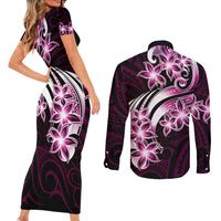 Plumeria Tribal Tattoo Couples Matching Short Sleeve Bodycon Dress and Long Sleeve Button Shirt Pink Polynesian Pattern
