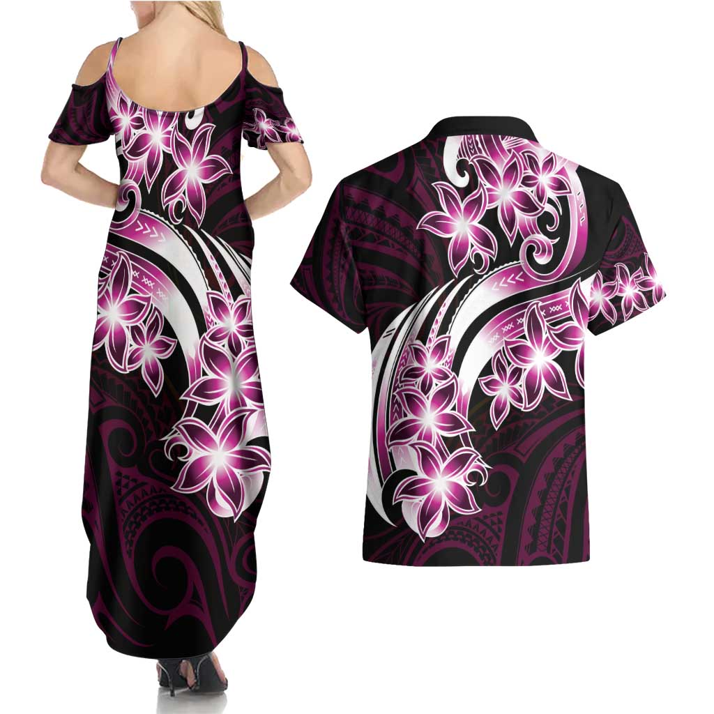 Plumeria Tribal Tattoo Couples Matching Summer Maxi Dress and Hawaiian Shirt Pink Polynesian Pattern